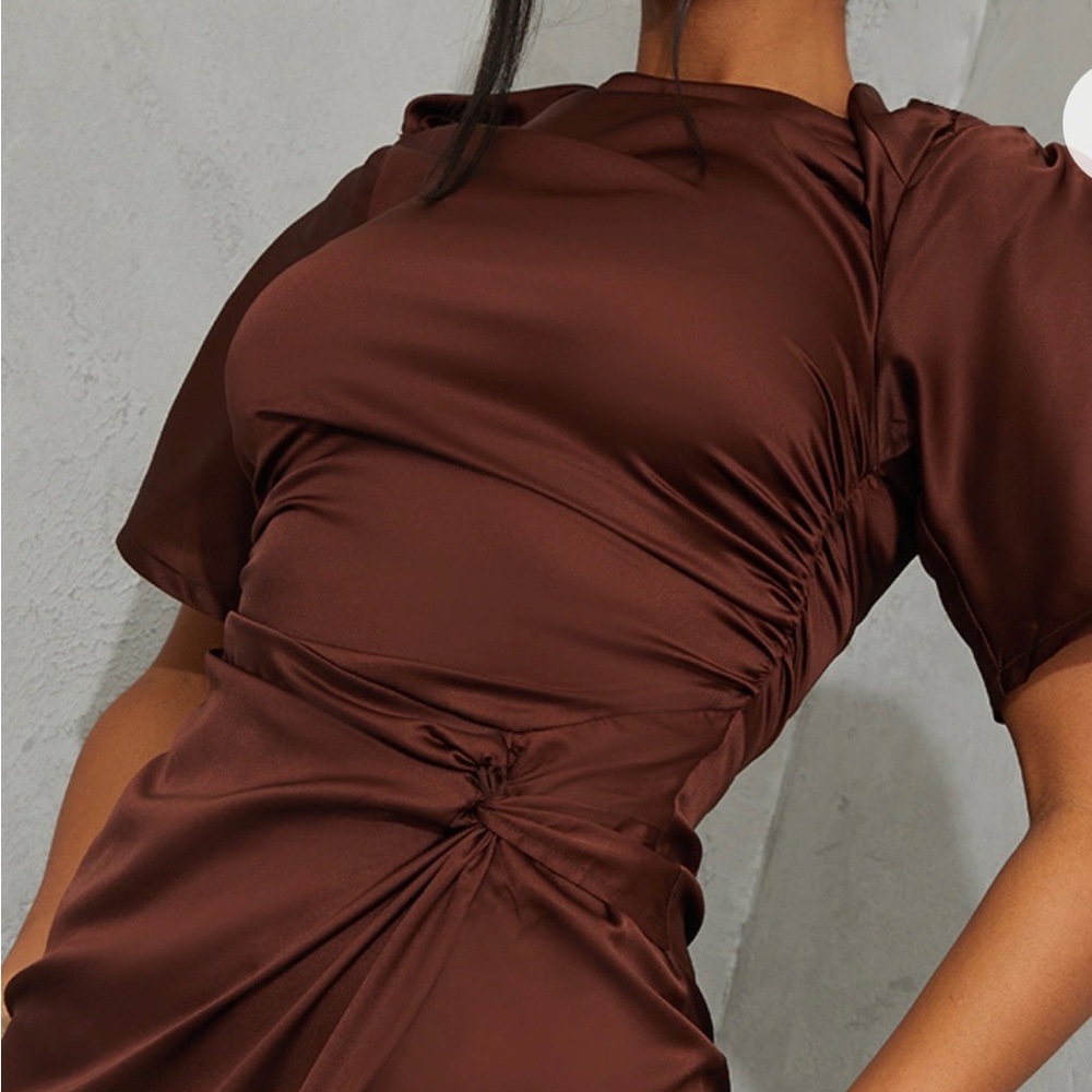 Chocolate Satin Short Sleeve Ruched Midaxi Dress